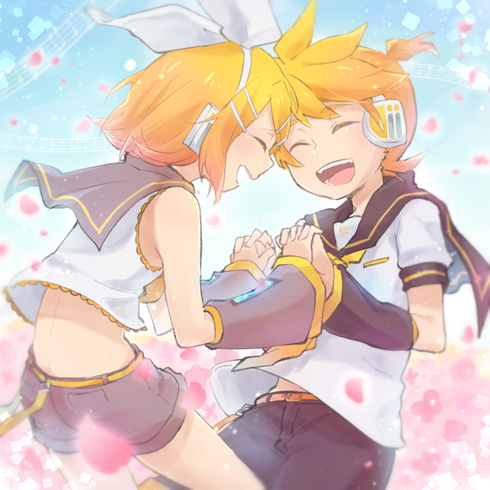 1boy 1girl back bare_shoulders bass_clef belt belt_buckle blonde_hair blush bow brother_and_sister buckle cherry_blossoms commentary_request cowboy_shot crop_top detached_sleeves eighth_note eyes_closed forehead-to-forehead hair_bow hair_ornament hairclip hand_holding headphones interlocked_fingers kagamine_len kagamine_rin leaning_forward musical_note necktie petals ponytail quarter_note reki_(arequa) sailor_collar short_hair short_sleeves shorts siblings sky smile staff_(music) twins vocaloid white_bow yellow_neckwear