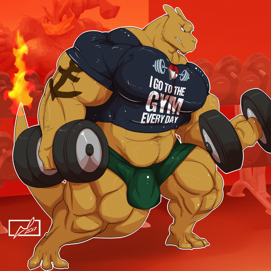 2017 3_toes 4_fingers abs anthro anthrofied biceps big_muscles blue_clothing blue_eyes blue_topwear boxers_(clothing) bulge charizard charkonian_graotl_ard clenched_teeth clothed clothing danandnite detailed_background digital_media_(artwork) dragon dumbbell english_text exercise eye_scar facial_scar fire flaming_tail front_view full-length_portrait green_bottomwear green_clothing green_underwear gym holding_object horn inside long_tail male muscular muscular_male navel nintendo orange_horn orange_scales orange_tail pecs pok&eacute;mon pok&eacute;morph portrait quads scales scalie scar shirt signature solo standing t-shirt tattoo teeth text thick_tail toes underwear video_games weightlifting weights workout