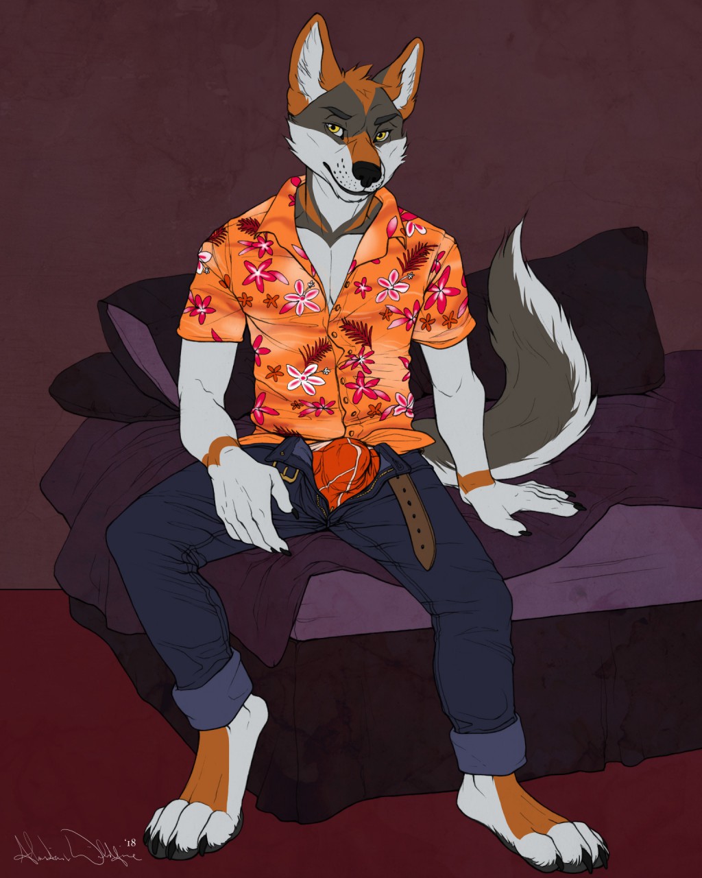 2018 4_toes 5_fingers anthro bed bed_sheet bedding bedroom belt blue_bottomwear blue_clothing blue_pants bulge canid canine canis clothed clothing digital_media_(artwork) fully_clothed fur grey_fur grin hawaiian_shirt hi_res inviting looking_at_viewer male mammal multicolored_fur orange_clothing orange_shirt orange_topwear pants pillow pinup pose shirt simple_background sitting smile smirk smug solo spreading toes ulos12 unbuttoned underwear vincent white_fur wolf