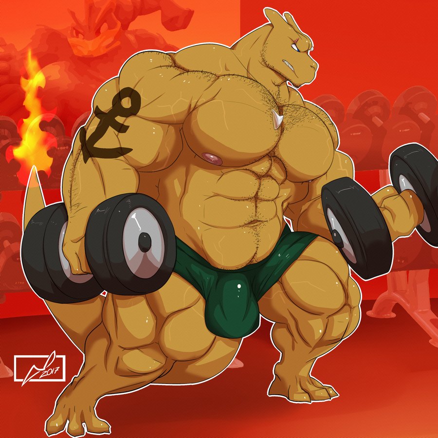 2017 3_toes 4_fingers abs anthro anthrofied barefoot biceps big_muscles biped blue_eyes boxers_(clothing) bulge charizard charkonian_graotl_ard clenched_teeth clothed clothing danandnite detailed_background digital_media_(artwork) dragon dumbbell exercise eye_scar facial_scar flaming_tail front_view full-length_portrait green_bottomwear green_clothing green_underwear gym holding_object horn inside jewelry long_tail male muscular muscular_male navel necklace nintendo nipples orange_horn orange_scales orange_tail pecs pendant pink_nipples pok&eacute;mon pok&eacute;morph portrait quads scales scalie scar signature snout solo standing tattoo teeth thick_tail toes topless underwear video_games weightlifting weights workout
