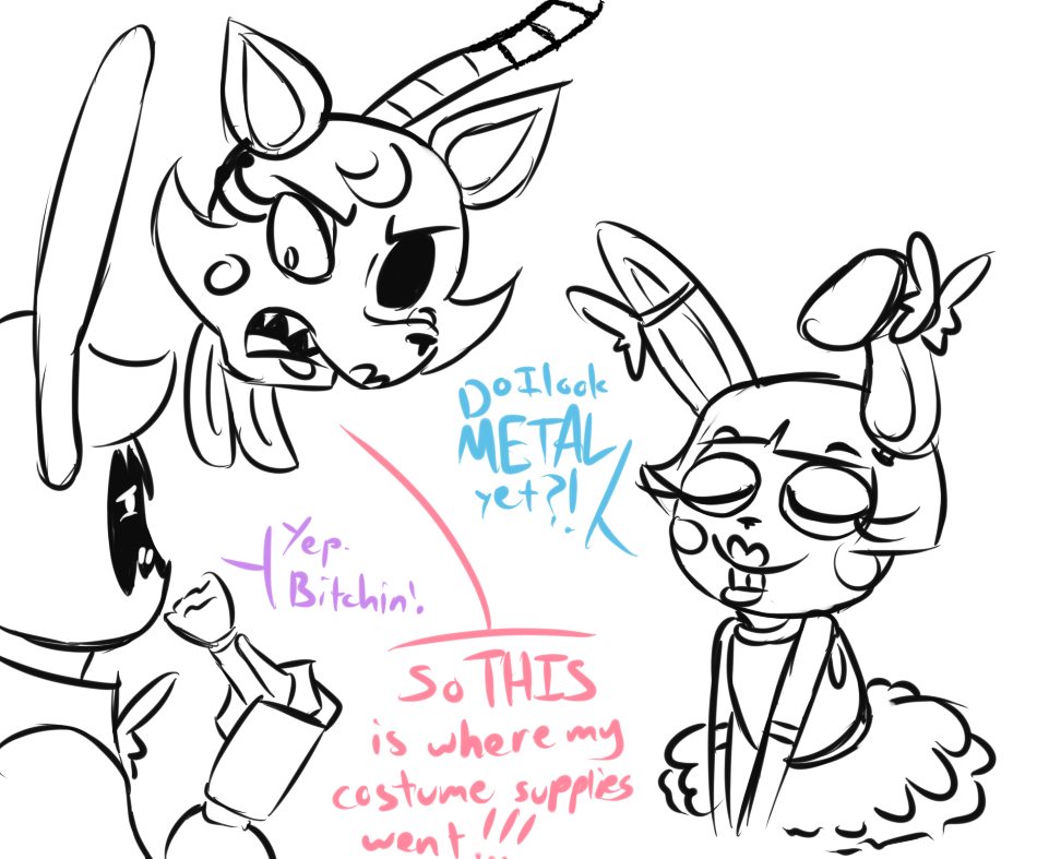 2015 animatronic anthro buckteeth canine clothed clothing costume crossdressing dialogue ear_bow english_text exposed_endoskeleton female five_nights_at_freddy's five_nights_at_freddy's_2 fox group inkyfrog lagomorph lipstick machine makeup male mammal mangle_(fnaf) rabbit restricted_palette robot simple_background teeth text toy_bonnie_(fnaf) video_games white_background withered_bonnie_(fnaf)