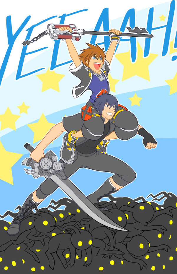 black_hair blue_eyes brown_hair carrying chain_necklace crossover engine_blade final_fantasy final_fantasy_xv fingerless_gloves gloves grin heartless holding holding_weapon jacket keyblade kingdom_hearts male_focus multiple_boys noctis_lucis_caelum rasenth short_sleeves shoulder_carry shouting smile sora_(kingdom_hearts) spiked_hair sword text_focus weapon