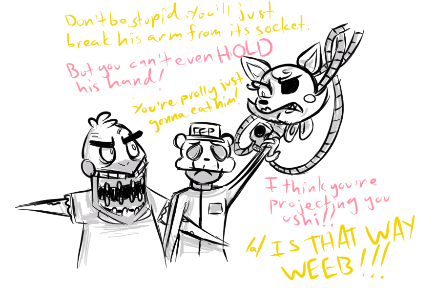 2015 2_heads animatronic anthro argument avian bird canine chicken clothing dialogue english_text exposed_endoskeleton female five_nights_at_freddy's five_nights_at_freddy's_2 fox group hand_holding hat human inkyfrog love_triangle machine male mammal mangle_(fnaf) mask multi_head restricted_palette robot security_guard simple_background text uniform video_games white_background withered_chica_(fnaf)