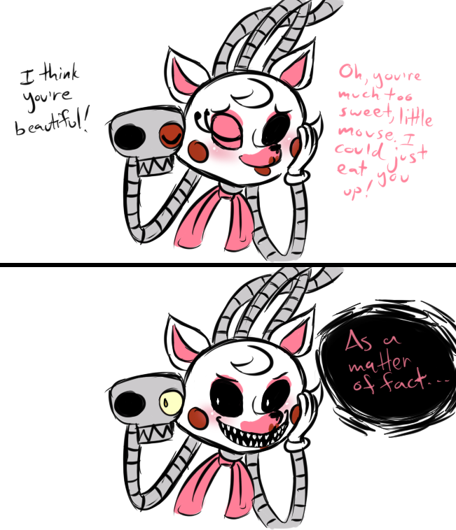 2015 2_heads animatronic anthro blush canine comic dialogue english_text exposed_endoskeleton female five_nights_at_freddy's five_nights_at_freddy's_2 fox imminent_vore inkyfrog lipstick machine makeup mammal mangle_(fnaf) multi_head robot sharp_teeth simple_background solo teeth text video_games vore white_background