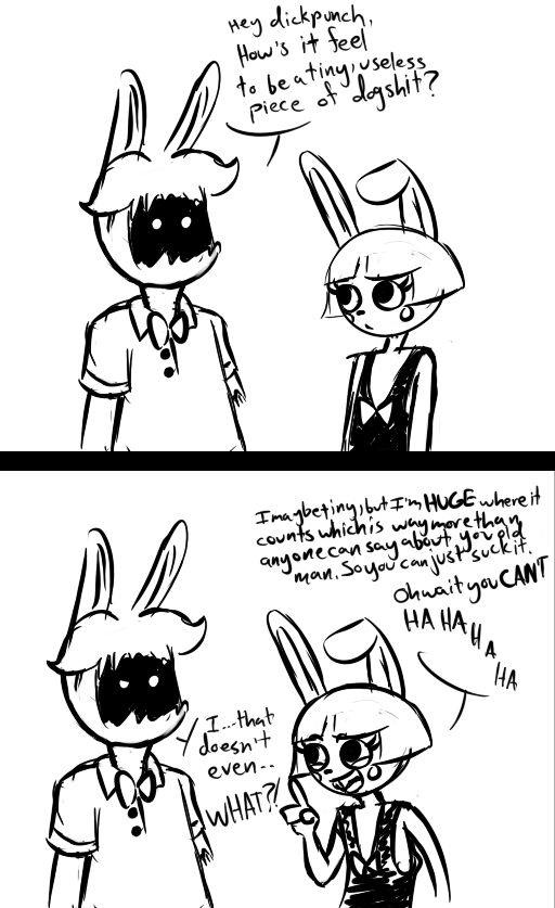 2015 animatronic anthro black_and_white bow_tie buckteeth comic dialogue duo english_text five_nights_at_freddy's five_nights_at_freddy's_2 inkyfrog lagomorph machine male mammal monochrome rabbit robot simple_background teeth text toy_bonnie_(fnaf) video_games white_background withered_bonnie_(fnaf)
