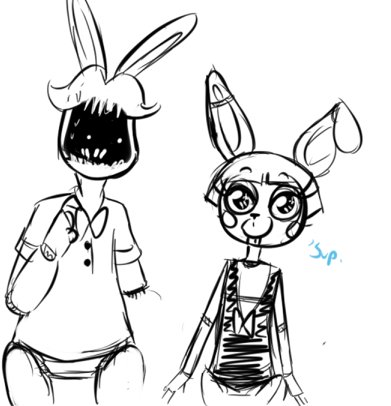 2015 animatronic anthro bow_tie buckteeth dialogue duo english_text five_nights_at_freddy's five_nights_at_freddy's_2 inkyfrog lagomorph looking_at_viewer machine male mammal rabbit restricted_palette robot simple_background smile sweat sweatdrop teeth text toy_bonnie_(fnaf) video_games white_background withered_bonnie_(fnaf)