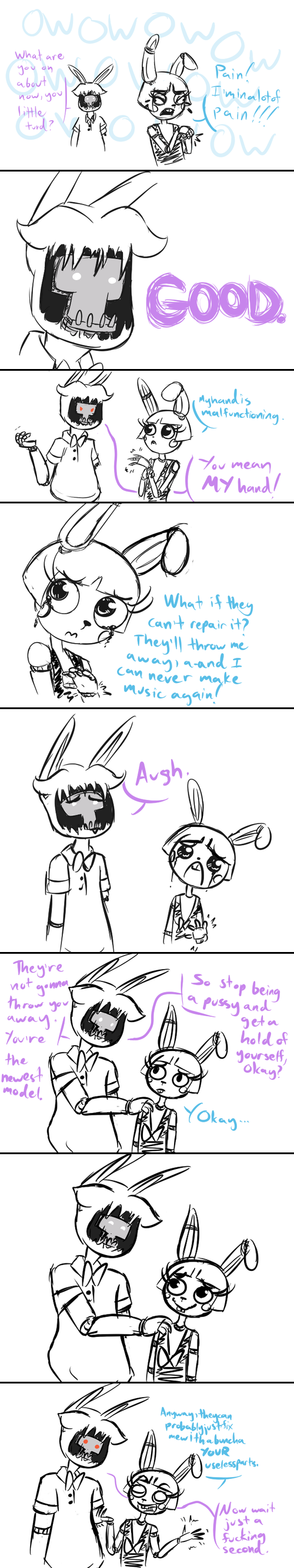 2015 animatronic anthro bow_tie buckteeth comic dialogue duo english_text exposed_endoskeleton five_nights_at_freddy's five_nights_at_freddy's_2 inkyfrog lagomorph machine male mammal rabbit restricted_palette robot simple_background teeth text toy_bonnie_(fnaf) video_games white_background withered_bonnie_(fnaf)