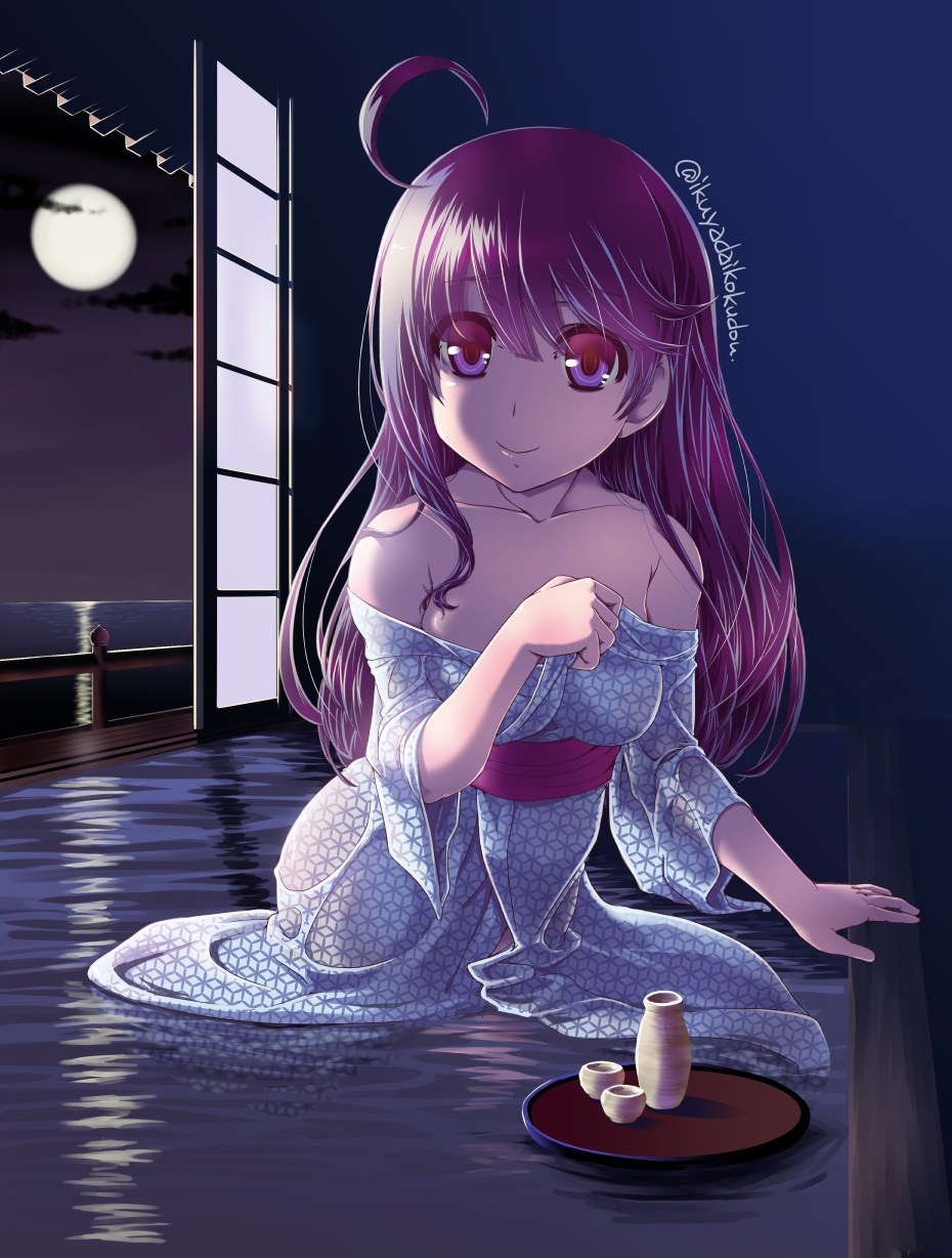 ahoge alternate_costume black_hair breasts clothes_down collarbone full_body full_moon hair_between_eyes highres ikuya_daikokudou indoors japanese_clothes kantai_collection kimono large_breasts lips long_hair looking_at_viewer moon night night_sky off_shoulder sky sliding_doors smile solo twitter_username ushio_(kantai_collection) wet wet_clothes yukata