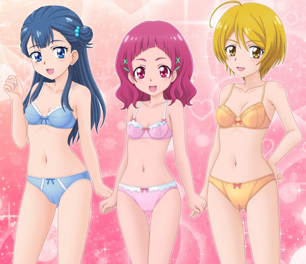 3girls :d ahoge blonde_hair blue_bra blue_eyes blue_hair blue_panties bow bow_bra bow_panties bra breasts cameltoe clenched_hands collarbone commentary_request cowboy_shot crotch_seam gluteal_fold hair_bobbles hair_ornament hairclip hand_on_hip heart hugtto!_precure kagayaki_homare long_hair looking_at_viewer medium_breasts medium_hair miracle! multiple_girls navel nono_hana open_mouth panties pink_bra pink_eyes pink_hair pink_panties polka_dot polka_dot_bra polka_dot_panties precure short_hair side_bun small_breasts smile sparkle standing thigh_gap thighs underwear underwear_only x_hair_ornament yakushiji_saaya yellow_bra yellow_eyes yellow_panties