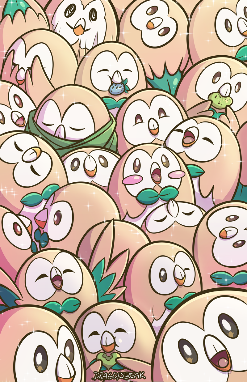 &lt;3 ambiguous_gender avian beak bedding berry bird blanket close-up cute dragonbeak eating feathers feral food fruit group happy looking_at_viewer mimikyu nintendo one_eye_closed open_mouth owl poffin pok&eacute;mon rowlet sleeping smile sparkles video_games wings