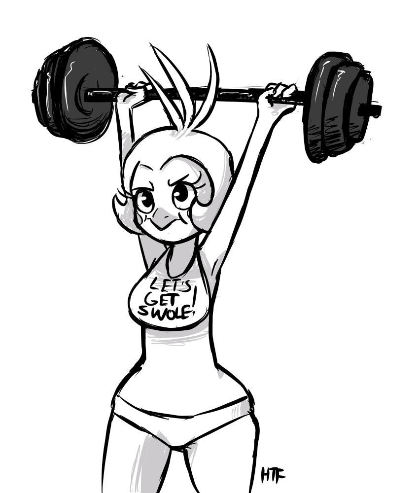 2015 animatronic anthro armpits avian bib bird black_and_white chicken dumbbell english_text exercise female five_nights_at_freddy's five_nights_at_freddy's_2 inkyfrog machine monochrome robot simple_background solo text toy_chica_(fnaf) video_games weightlifting weights white_background workout