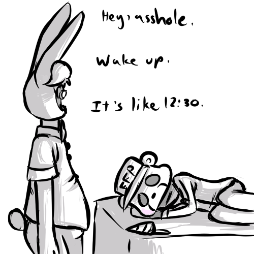 2015 animatronic anthro black_and_white clothing dialogue duo english_text exposed_endoskeleton five_nights_at_freddy's hat human inkyfrog lagomorph lying machine male mammal mask monochrome on_side rabbit robot security_guard simple_background sleeping text uniform video_games white_background withered_bonnie_(fnaf)