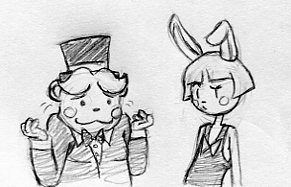 2015 animatronic anthro bear black_and_white bow_tie buckteeth duo five_nights_at_freddy's five_nights_at_freddy's_2 hat inkyfrog lagomorph low_res machine male mammal monochrome rabbit robot shrug simple_background teeth top_hat toy_bonnie_(fnaf) toy_freddy_(fnaf) traditional_media_(artwork) video_games white_background