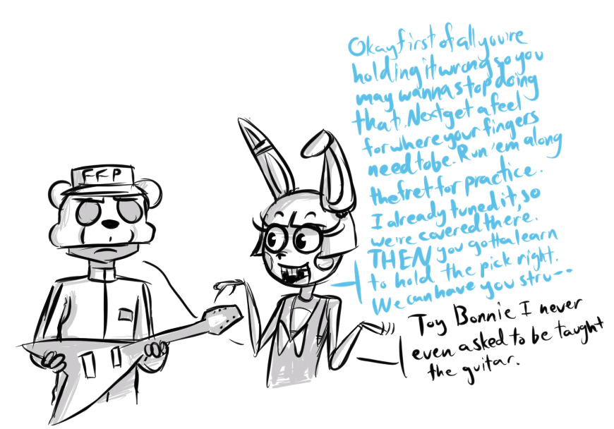 2015 animatronic anthro bow_tie buckteeth clothing dialogue duo english_text five_nights_at_freddy's five_nights_at_freddy's_2 guitar hat human inkyfrog lagomorph machine male mammal mask musical_instrument rabbit restricted_palette robot security_guard simple_background teeth text toy_bonnie_(fnaf) uniform video_games white_background