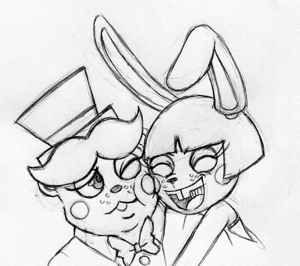 2015 animatronic anthro bear black_and_white bow_tie buckteeth duo eyes_closed five_nights_at_freddy's five_nights_at_freddy's_2 hat hug inkyfrog lagomorph machine male mammal monochrome nuzzling rabbit robot simple_background teeth top_hat toy_bonnie_(fnaf) toy_freddy_(fnaf) traditional_media_(artwork) video_games white_background