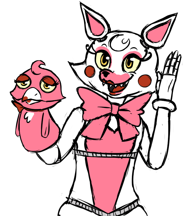 2015 animatronic anthro bow_tie canine female five_nights_at_freddy's five_nights_at_freddy's_2 fox hand_puppet inkyfrog lipstick machine makeup mammal mangle_(fnaf) open_mouth robot sharp_teeth simple_background solo teeth video_games waving white_background yellow_eyes