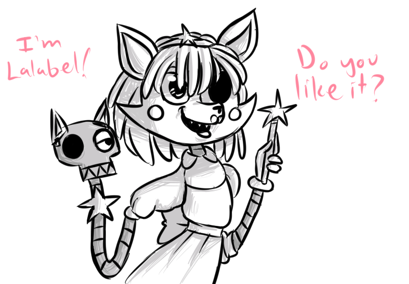 2015 2_heads animatronic anthro canine cosplay costume dialogue english_text exposed_endoskeleton female five_nights_at_freddy's five_nights_at_freddy's_2 fox inkyfrog machine magical_girl_outfit mammal mangle_(fnaf) multi_head restricted_palette robot simple_background solo text video_games wand white_background wig