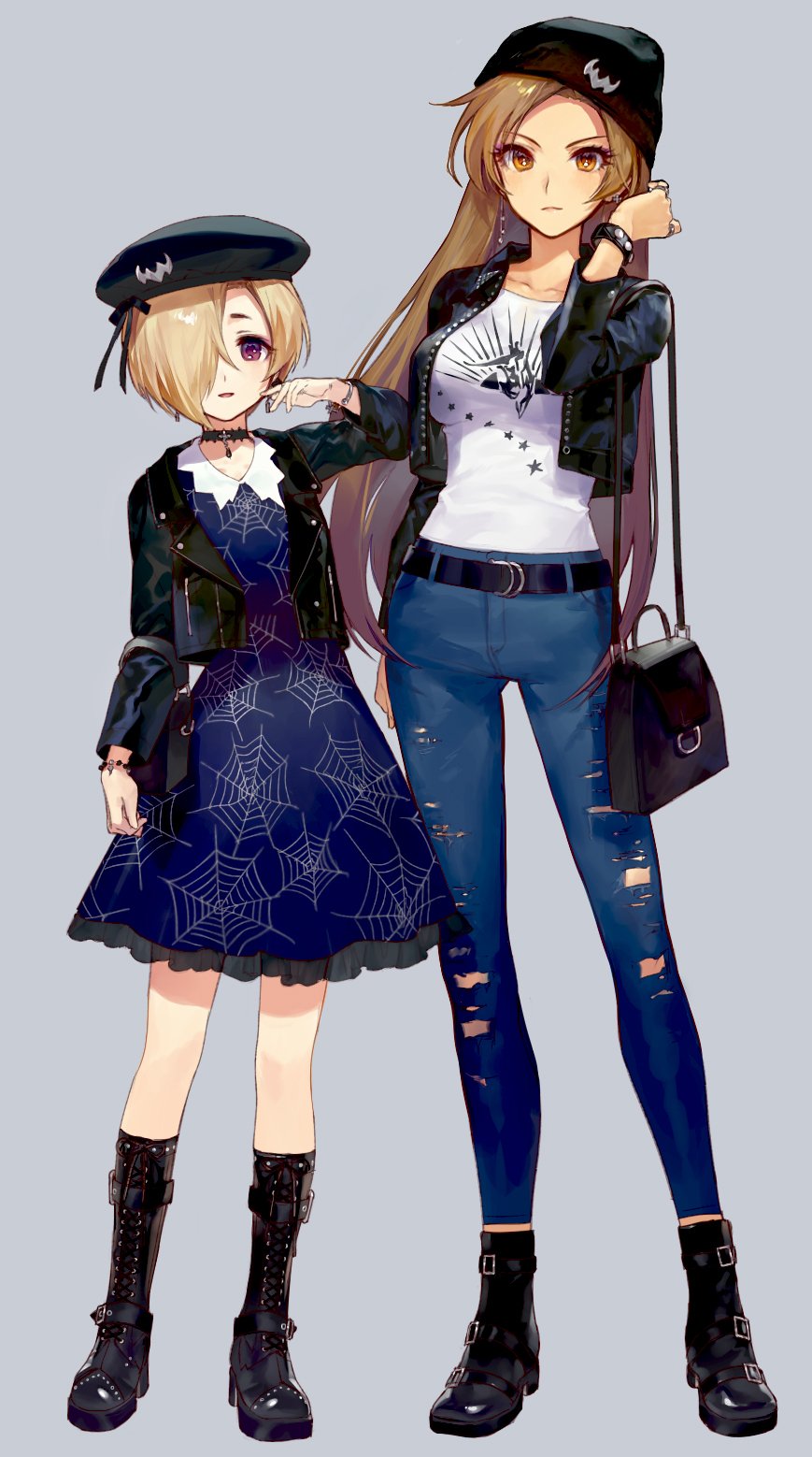 2girls ainy77 alternate_costume bag belt beret blonde_hair boots bracelet brown_eyes brown_hair choker commentary_request cropped_jacket cross-laced_footwear dress earrings grey_background hair_over_one_eye handbag hat highres idolmaster idolmaster_cinderella_girls jacket jewelry lace-up_boots leather leather_jacket long_hair looking_at_viewer matsunaga_ryou multiple_girls open_mouth red_eyes ripped_jeans shirasaka_koume shirt short_hair t-shirt