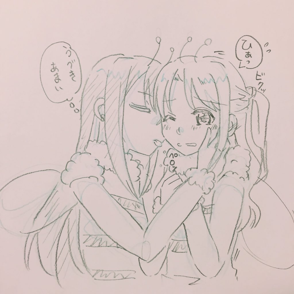 amkt antennae bee_costume blush borrowed_design brown_eyes closed_eyes commentary_request earrings face_licking green_eyes half_updo idolmaster idolmaster_cinderella_girls insect_wings jewelry licking long_hair monochrome multiple_girls nervous one_eye_closed one_side_up shibuya_rin shimamura_uzuki sketch tongue tongue_out traditional_media translated trembling upper_body wings yuri