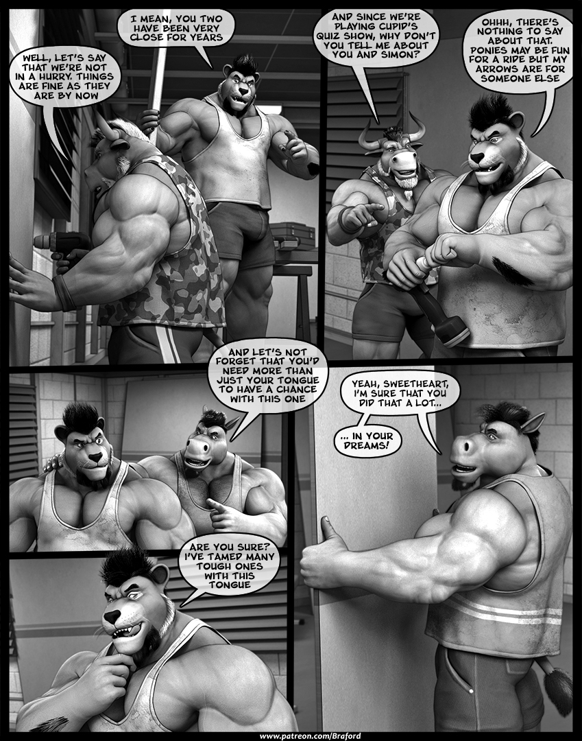 anthro beard biceps big_muscles bovine braford cattle clothing comic drill equine facial_hair fangs feline group horn horse invalid_tag lion male mammal muscular muscular_male open_mouth pecs shirt shorts speech_bubble tank_top teeth tongue tongue_out tools