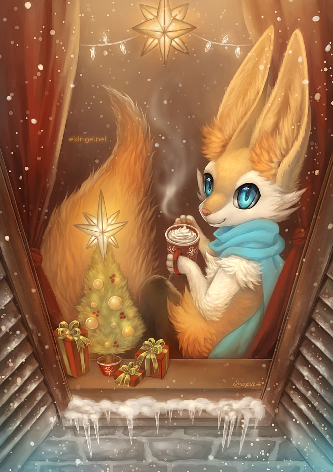 ambiguous_gender anthro big_tail blue_eyes braixen canine christmas christmas_tree cozy eldrige fennec fluffy fluffy_tail fox fur gift happy holidays hot_chocolate hot_cocoa icicle inner_ear_fluff mammal nintendo orange_fur pok&eacute;mon scarf snow solo tree video_games window winter