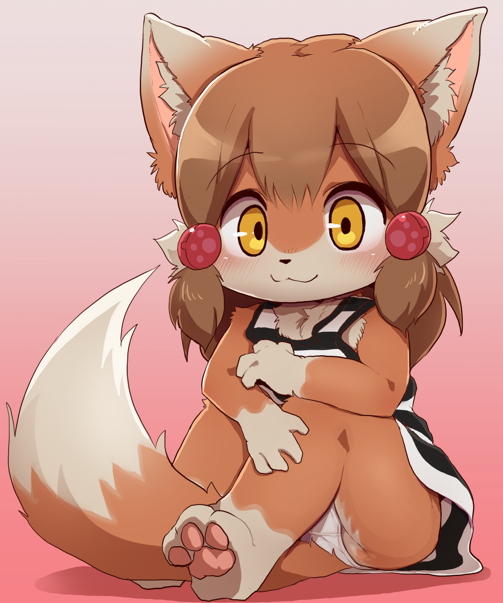 3_toes 4_fingers :3 ambiguous_gender anthro blush brown_fur brown_hair canine clothing cub dagasi dress fox fur gradient_background hair inner_ear_fluff kemono looking_at_viewer mammal panties panty_shot pawpads perro-kun simple_background sitting solo toes underwear white_fur yellow_eyes young