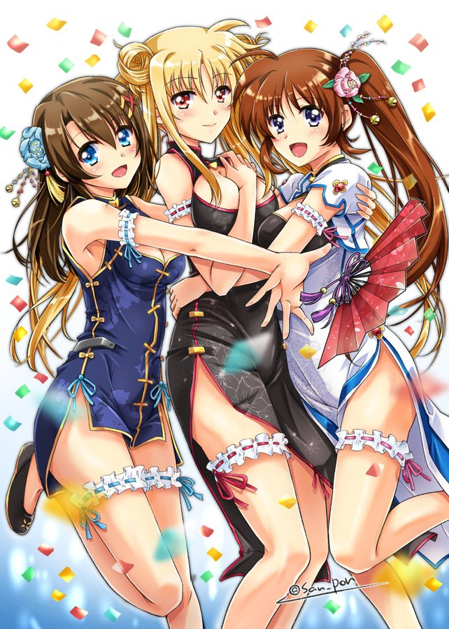 3girls alternate_hairstyle arm_between_breasts artist_name between_breasts blonde_hair blue_eyes blush breasts brown_hair chinese_clothes chinese_new_year cleavage_cutout clothing_cutout double_bun dress fate_testarossa flower folding_fan hair_bun hair_flower hair_ornament hand_fan hug hug_from_behind large_breasts leg_ribbon long_hair looking_at_viewer lyrical_nanoha multiple_girls open_mouth outstretched_arm purple_eyes red_eyes ribbon san-pon short_sleeves side_ponytail sleeveless sleeveless_dress smile takamachi_nanoha thigh_ribbon twintails very_long_hair x_hair_ornament yagami_hayate