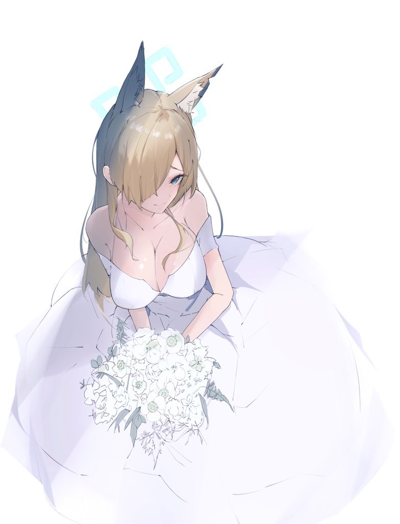 1girl animal_ear_fluff animal_ears bare_shoulders blonde_hair blue_archive blue_eyes blue_halo bouquet breasts bride cleavage collarbone diksiuw dog_ears dress extra_ears from_above hair_over_one_eye halo holding holding_bouquet kanna_(blue_archive) large_breasts long_bangs long_hair looking_at_viewer notched_ear parted_bangs simple_background solo strapless strapless_dress wedding_dress white_background