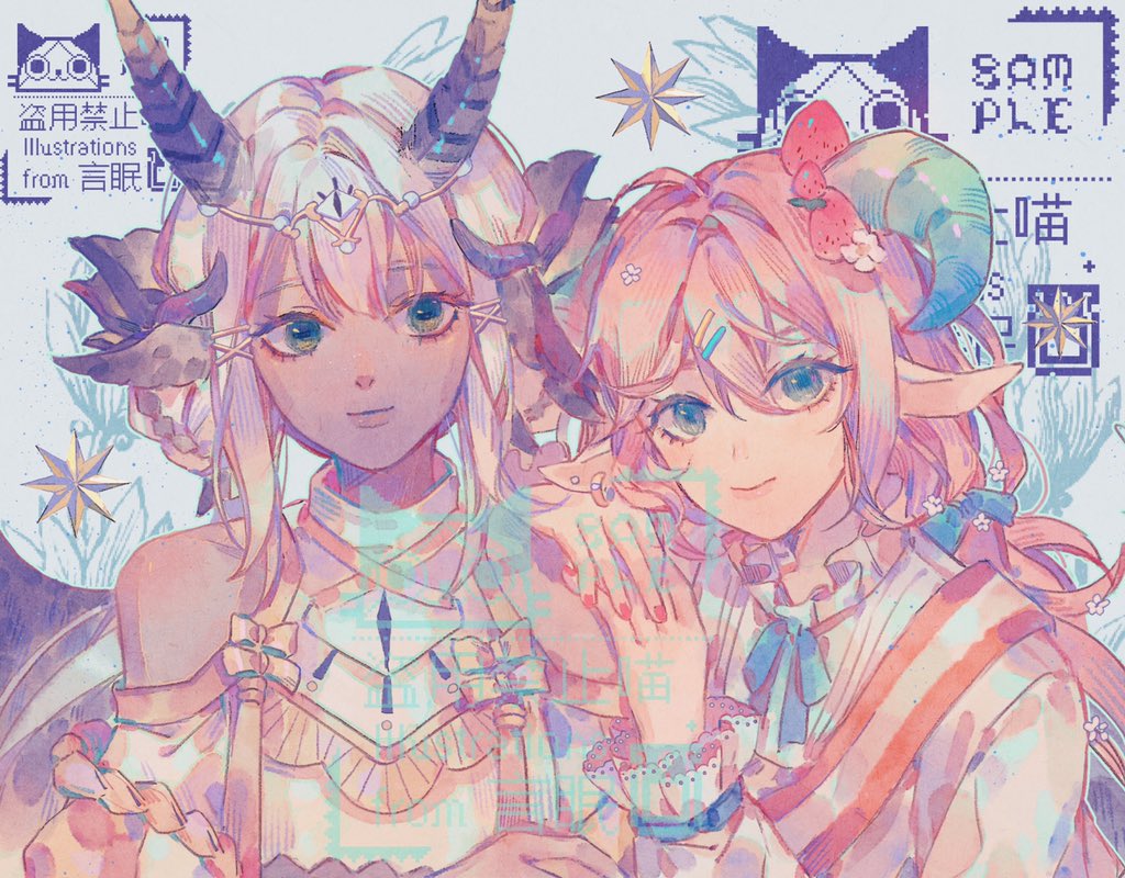 2girls animal_ears bare_shoulders black_horns black_wings blonde_hair blue_bow blue_bowtie blue_eyes blue_horns bow bowtie chinese_text closed_mouth clothing_cutout collared_shirt dark-skinned_female dark_skin demon_horns demon_wings ear_piercing earrings english_text eyelashes floral_background flower food-themed_hair_ornament frilled_shirt_collar frills gradient_horns green_eyes hair_between_eyes hair_flower hair_ornament hairclip hand_on_another's_shoulder hoop_earrings horns jewelry lace-trimmed_sleeves lace_trim lips long_hair long_sleeves looking_at_viewer mixed-language_text multicolored_horns multiple_girls nail_polish orange_sash original own_hands_together piercing red_nails sample_watermark sash sheep_ears sheep_horns shirt shoulder_cutout simple_background smile star_(symbol) strawberry_hair_ornament stud_earrings tassel turtleneck two-tone_sash upper_body watermark white_background white_flower white_hair white_sash white_shirt white_sleeves wings yanmian_(printemps-noir) yellow_bow