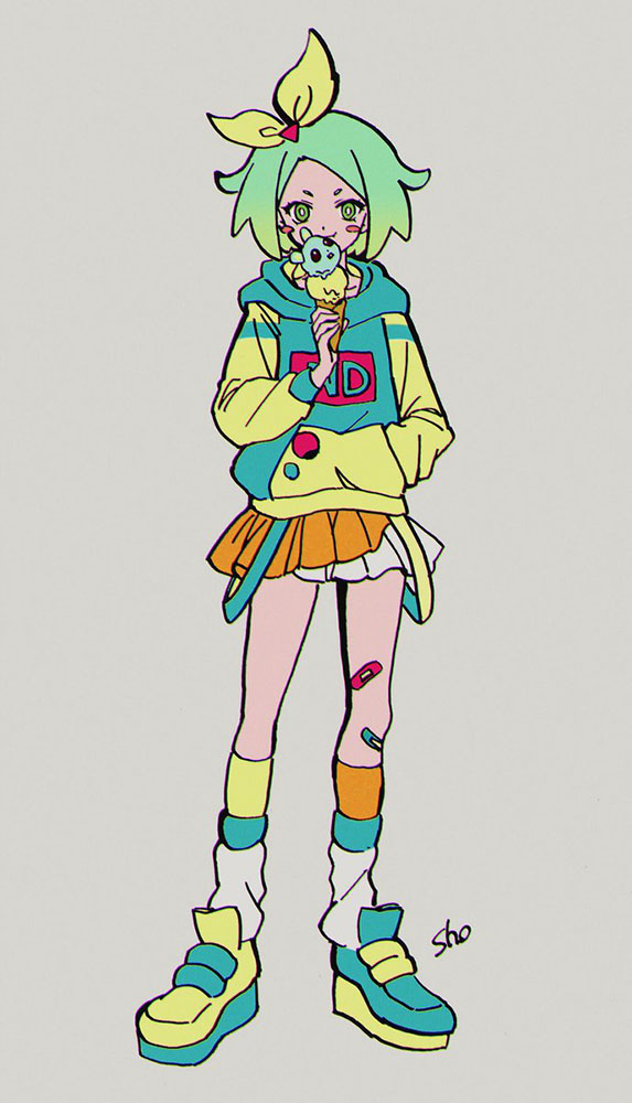 1girl artist_name bandaid bandaid_on_leg blue_hoodie bow chuppe commentary_request food foodification full_body green_eyes green_hair grey_background hair_bow hand_in_pocket hand_up holding holding_food hood hood_down hoodie ice_cream_cone idol_time_pripara leg_warmers long_sleeves looking_at_viewer miniskirt nijiiro_nino orange_skirt pleated_skirt pretty_series pripara qing_(sankakuosushi) shoes short_hair simple_background skirt sneakers solo standing yellow_bow