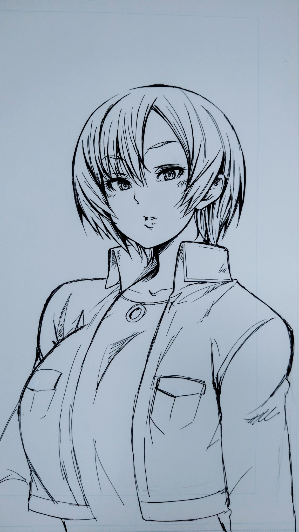 1girl aya_brea breasts collarbone denim greyscale highres jacket lips looking_at_viewer monochrome parasite_eve parasite_eve_ii short_hair simple_background solo white_background yamada_pasta