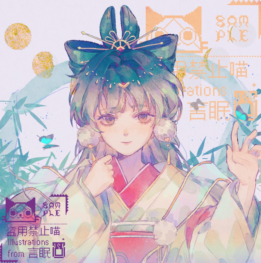 1girl aqua_bow aqua_nails artist_name bamboo blue_butterfly blue_hair bow brown_eyes bug butterfly butterfly_on_hand circle clenched_hand closed_mouth earrings eyelashes gradient_hair grey_background hair_bow hand_up japanese_clothes jewelry kimono long_sleeves looking_at_viewer moon multicolored_hair nail_polish obi original pink_innertube pom_pom_(clothes) pom_pom_earrings red_sash sample_watermark sash smile solo straight-on tassel tassel_earrings upper_body watermark waving white_kimono white_sleeves wide_sleeves yanmian_(printemps-noir)
