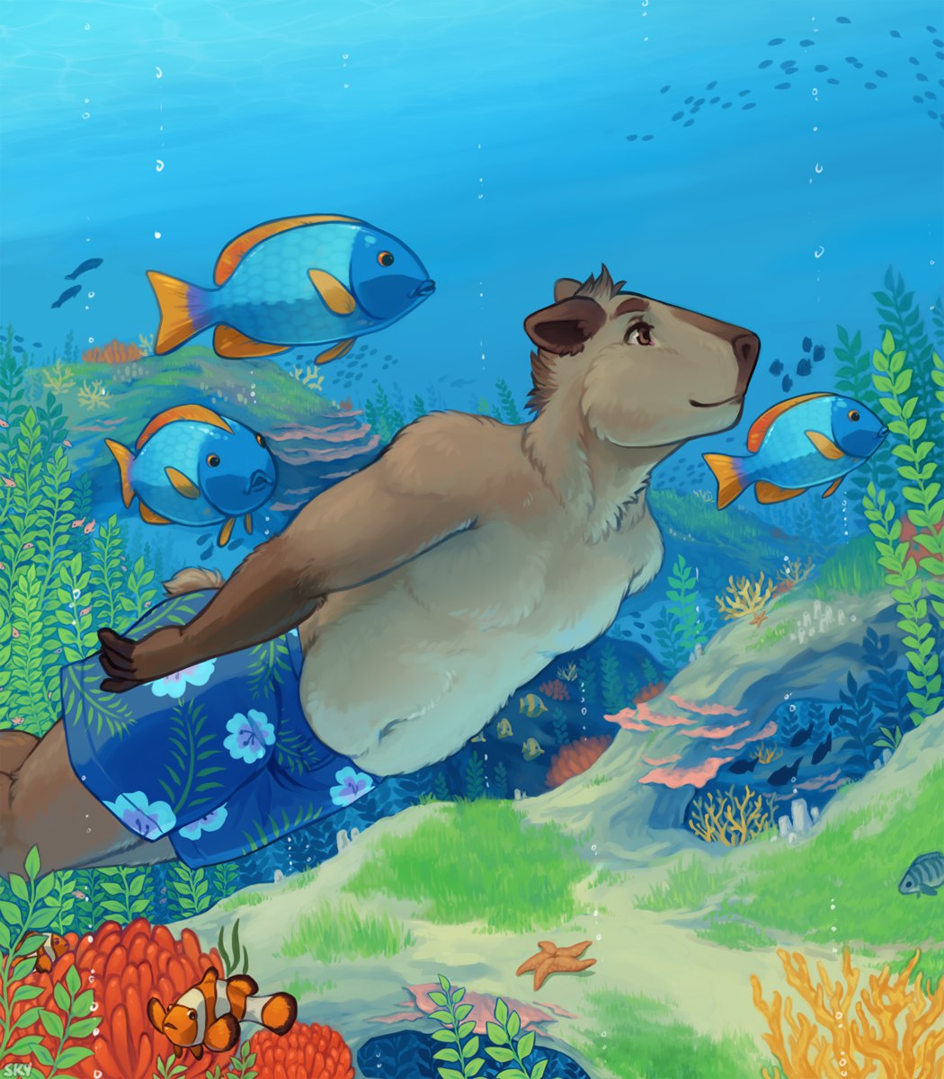 allegrosky anthro brown_eyes capybara caviid fish hi_res male mammal marine rodent solo swimming weaver_(bindog)