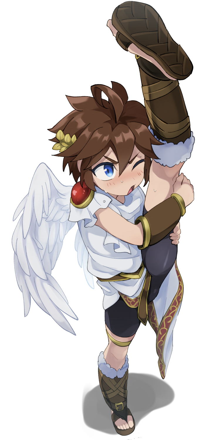 1boy 317_(saina) black_shorts blue_eyes blush brown_hair feathered_wings full_body hair_between_eyes highres kid_icarus kid_icarus_uprising laurel_crown male_focus one_eye_closed open_mouth pit_(kid_icarus) shorts simple_background solo split standing standing_on_one_leg standing_split sweat white_background white_wings wings