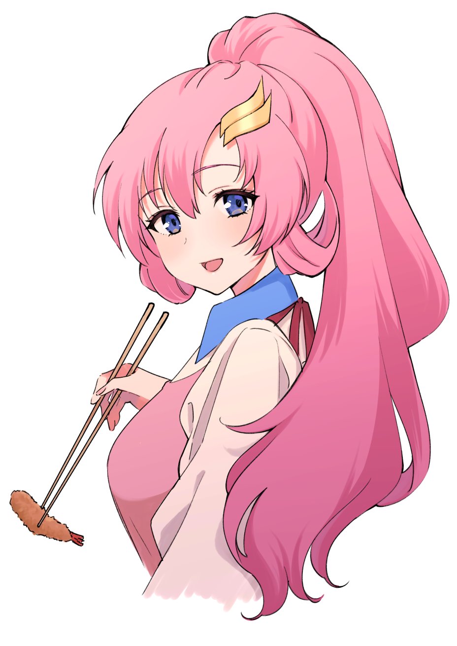 1girl :d apron arm_at_side blue_eyes blush chopsticks collared_shirt cropped_torso dot_nose food from_side gundam gundam_seed hair_between_eyes hair_ornament hairclip high_ponytail highres holding holding_chopsticks lacus_clyne long_hair long_sleeves looking_at_viewer open_mouth pink_apron pink_hair plum_(arch) shirt sidelocks simple_background smile solo tempura white_background white_shirt