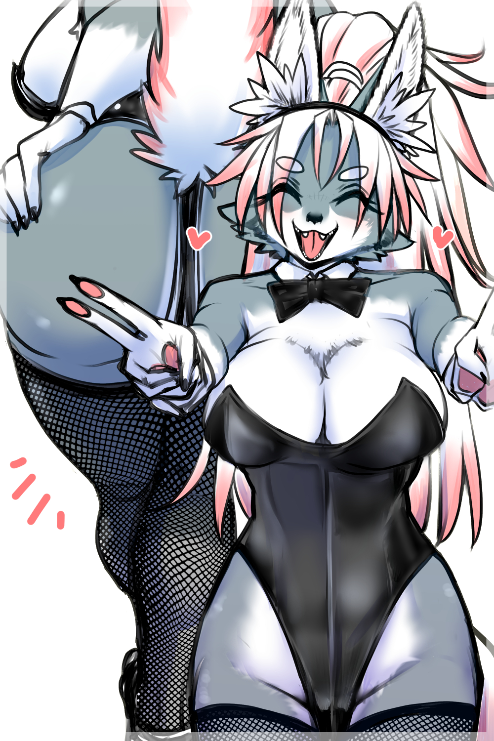 anthro big_breasts big_butt bow_tie breasts butt canid canine canis clothing ear_tuft eyes_closed female fishnet fishnet_legwear fur grey_body grey_fur hair hi_res kemono legwear mammal okami_bark one_piece_suit ookamiwaho pawpads playboy_bunny ponytail simple_background smile smiling_at_viewer solo tail tuft white_background white_body white_breasts white_fur white_hair white_hands white_tail wide_hips wolf