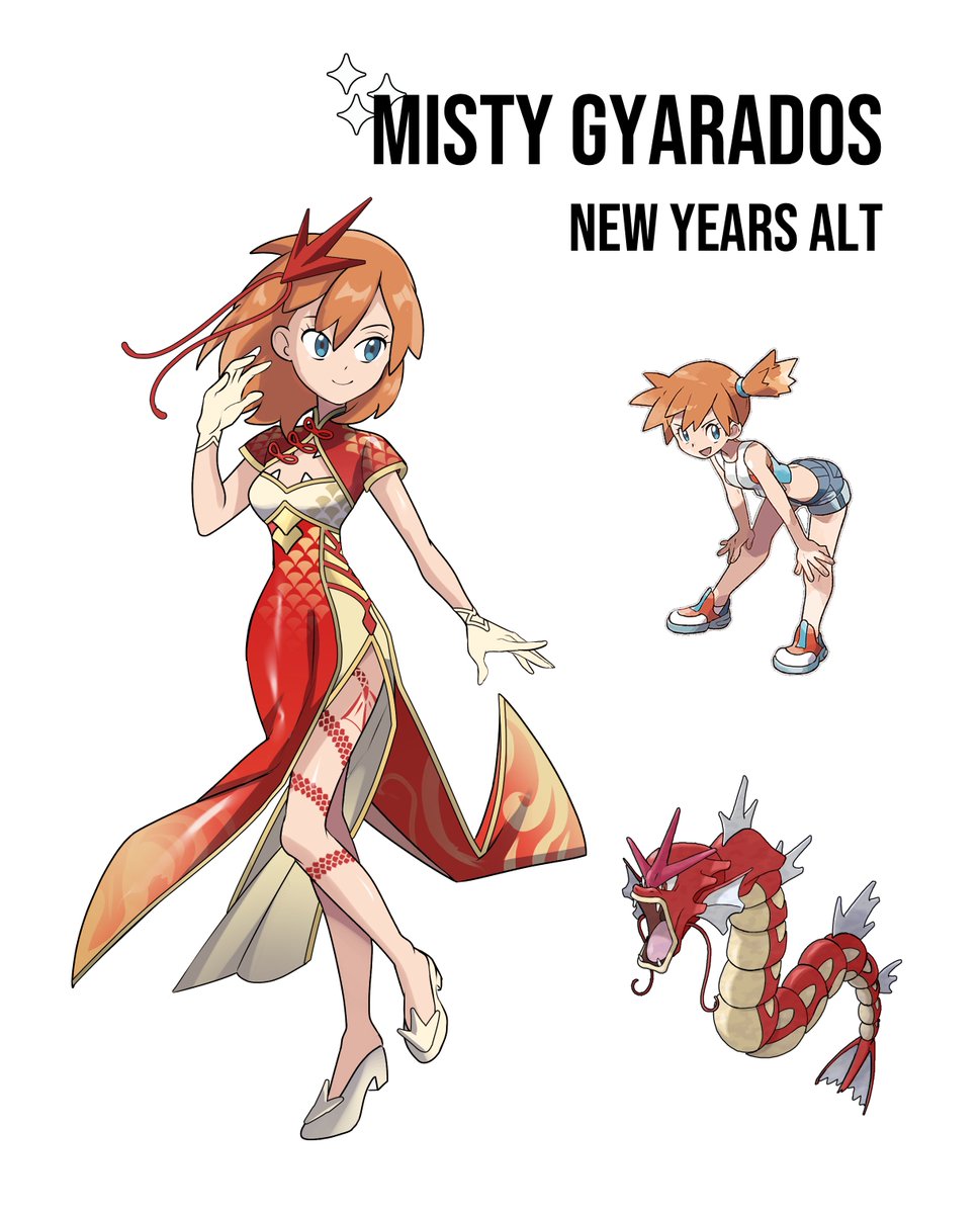 1girl alternate_color alternate_costume blue_eyes body_markings character_name chinese_clothes closed_mouth commentary dress english_commentary full_body gloves gyarados highres long_dress medium_hair misty_(pokemon) multicolored_clothes multicolored_dress official_art_inset orange_hair pokemon pokemon_(creature) pokemon_lgpe red_dress reference_inset rhymewithray shiny_pokemon side_slit simple_background smile standing white_background white_dress white_footwear white_gloves yellow_trim