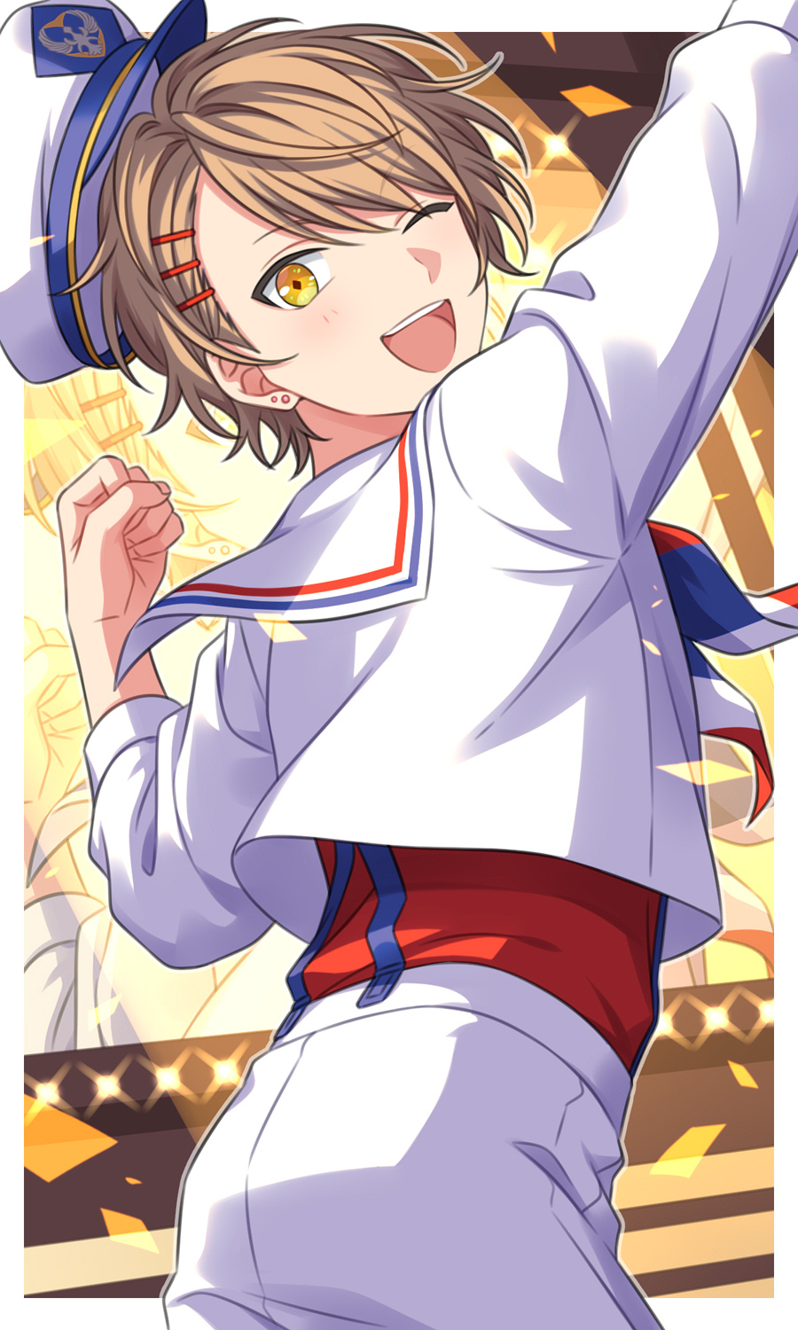 1boy aizawa_shin_(on_air!) arm_up ass border brown_hair clenched_hand commentary_request confetti cowboy_shot cropped_jacket hair_ornament hairclip hat highres jacket looking_at_viewer looking_back male_focus on_air! one_eye_closed open_mouth pants red_shirt sailor_collar sailor_hat screen sekina shirt smile solo stage white_headwear white_jacket white_pants white_sailor_collar yellow_eyes