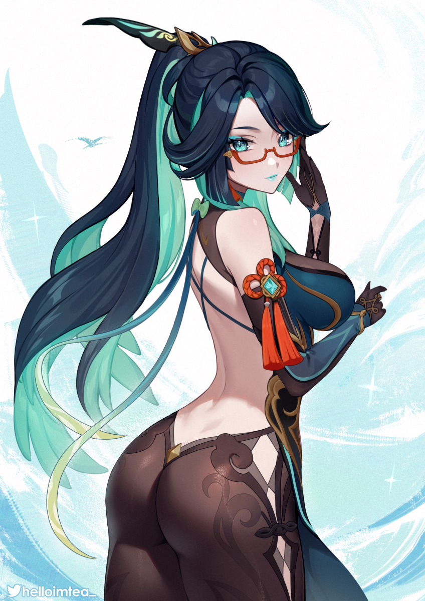 1girl aqua_eyes aqua_hair aqua_lips ass backless_outfit bare_back black_gloves blue_hair bow breasts cloud_retainer_(genshin_impact) colored_inner_hair cowboy_shot eyeshadow genshin_impact gloves green_bow hand_up helloimtea highres large_breasts long_hair looking_at_viewer makeup multicolored_hair ponytail smile solo standing thighs very_long_hair xianyun_(genshin_impact)