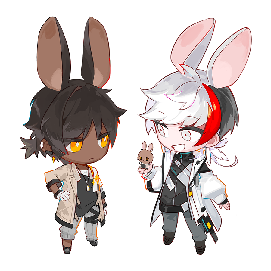 2boys animal_ears arknights black_footwear black_hair black_shirt bright_pupils brown_coat chibi choshanland_plushy_(arknights) coat commentary dark-skinned_male dark_skin earclip elysium_(arknights) feather_hair frown full_body gloves grey_eyes grey_pants grin hand_on_own_hip holding holding_stuffed_toy jewelry long_sleeves male_focus multicolored_hair multiple_boys necklace nsi_(2312_0120) pants pants_rolled_up rabbit_ears red_hair shirt short_hair short_ponytail simple_background smile stuffed_toy thorns_(arknights) undershirt white_background white_coat white_gloves white_hair white_pupils white_shirt yellow_eyes