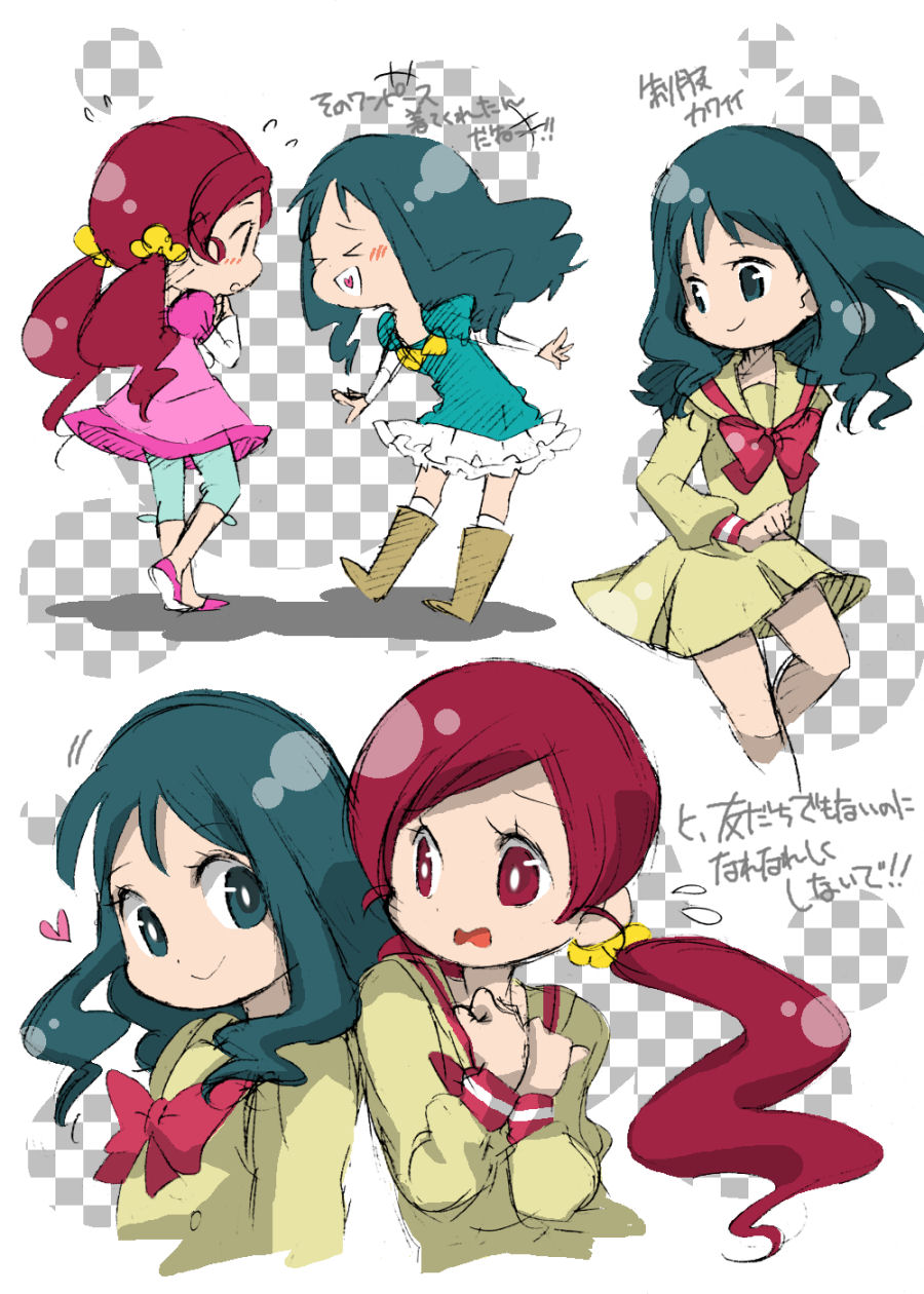 2girls checkered_background hanasaki_tsubomi heart heartcatch_precure! highres multiple_girls myoudou_gakuen_middle_school_uniform precure red_hair school_uniform yagin_(ygn_n)