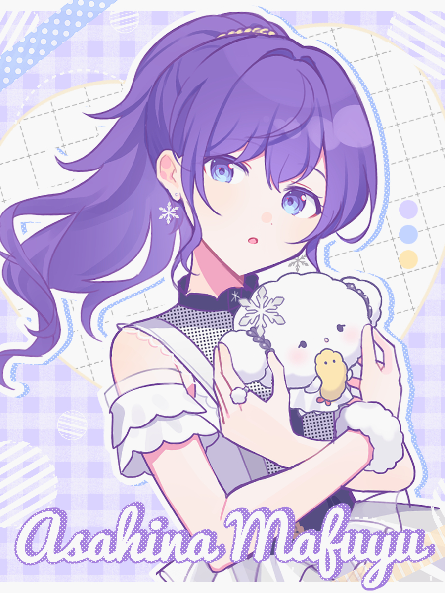 1girl :o animal arm_cuffs asahina_mafuyu character_name cogimyun color_guide commentary crossed_arms dress drop_shadow earrings food fur_cuffs grey_dress grid_background highres holding holding_animal jewelry letterboxed looking_at_viewer plaid plaid_background ponytail project_sekai purple_background purple_eyes purple_hair sanrio shrimp shrimp_tempura sleeveless sleeveless_dress snowflake_earrings tempura upper_body waka_(wk4444)
