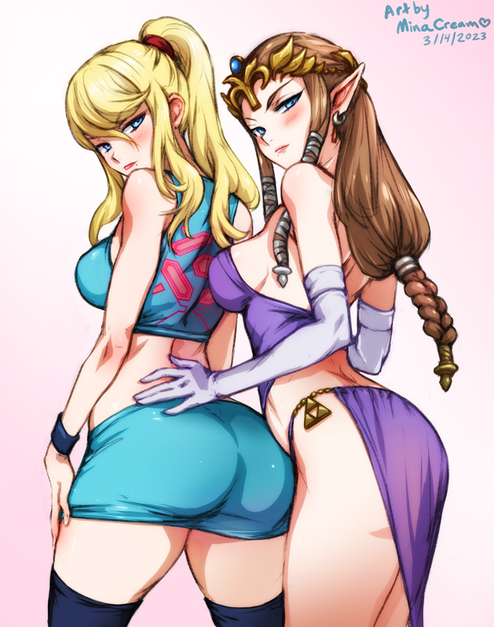 2girls artist_name ass bare_shoulders behind_another blonde_hair blue_eyes blue_skirt blue_thighhighs blush braid breasts brown_hair closed_mouth crop_top dated earrings elbow_gloves elf glaring gloves high_ponytail jewelry large_breasts looking_at_viewer medium_breasts metroid midriff mina_cream miniskirt mole mole_under_mouth multiple_girls pointy_ears princess_zelda purple_skirt samus_aran sidelocks skirt super_smash_bros. take_your_pick the_legend_of_zelda the_legend_of_zelda:_twilight_princess thighhighs thighs v-shaped_eyebrows wristband