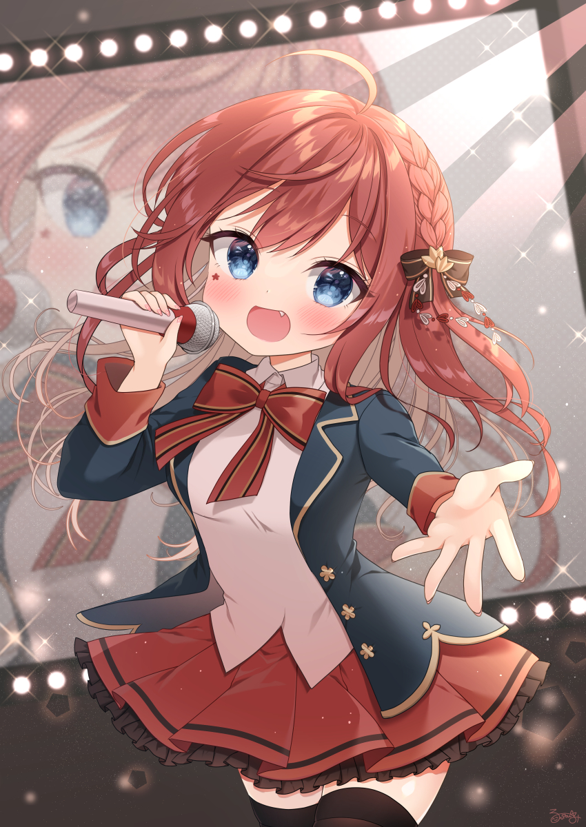 1girl ahoge black_bow black_thighhighs blue_eyes blue_jacket bow braid commission fang frilled_skirt frills hair_bow hanasaki_kureha highres holding holding_microphone idol indie_virtual_youtuber jacket light long_hair microphone nanase_(ribonshitoron) open_mouth red_bow red_hair red_skirt shirt side_braid skeb_commission skirt thighhighs virtual_youtuber white_shirt