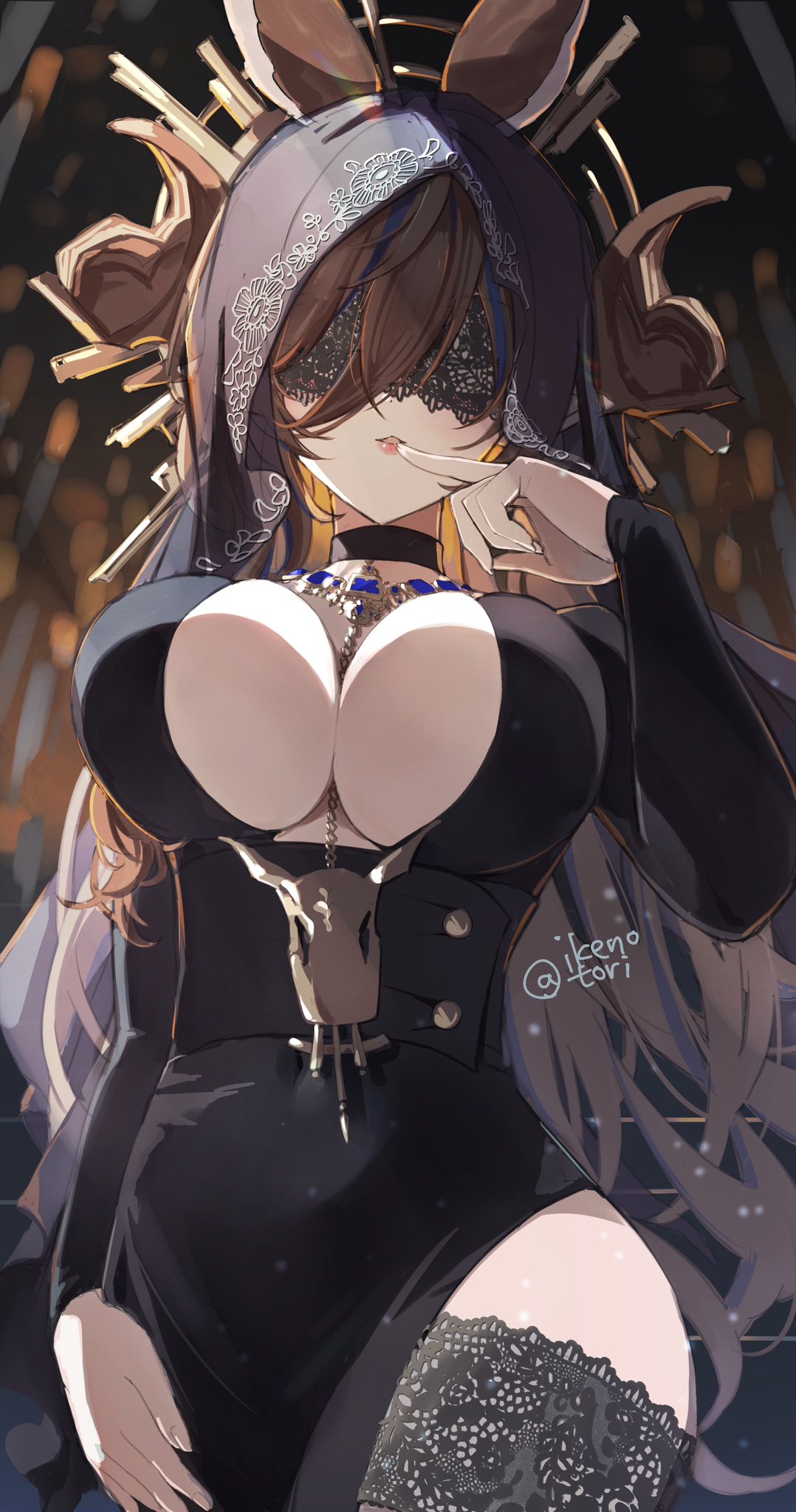 1girl alternate_costume animal_ears between_breasts black_choker black_dress blindfold blurry blurry_background breasts brown_hair choker cleavage covered_eyes covered_navel dress finger_to_mouth galleon_(granblue_fantasy) granblue_fantasy hand_up highres hood horns ikenotori jewelry lace lace_thighhighs large_breasts long_hair long_sleeves necklace pink_lips pointy_ears solo twitter_username underbust very_long_hair