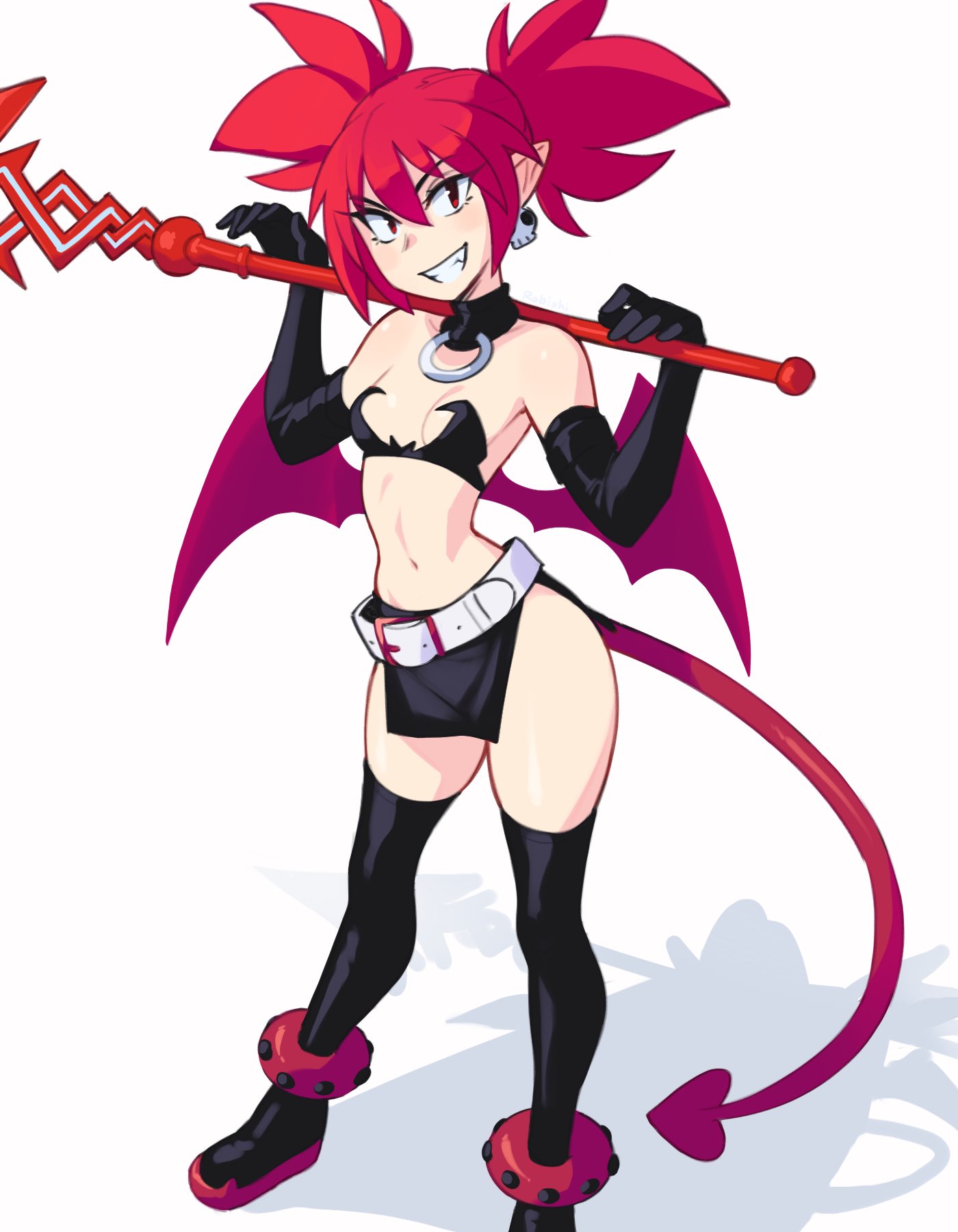 1girl bare_shoulders belt black_choker black_gloves black_skirt black_thighhighs breasts choker demon_girl demon_tail demon_wings disgaea earrings elbow_gloves etna_(disgaea) fang gloves grin highres holding holding_staff jewelry long_hair looking_at_viewer navel pale_skin pointy_ears red_eyes red_hair rob_ishi skirt skull_earrings small_breasts smile solo staff standing stomach tail teeth thighhighs twintails white_belt wings
