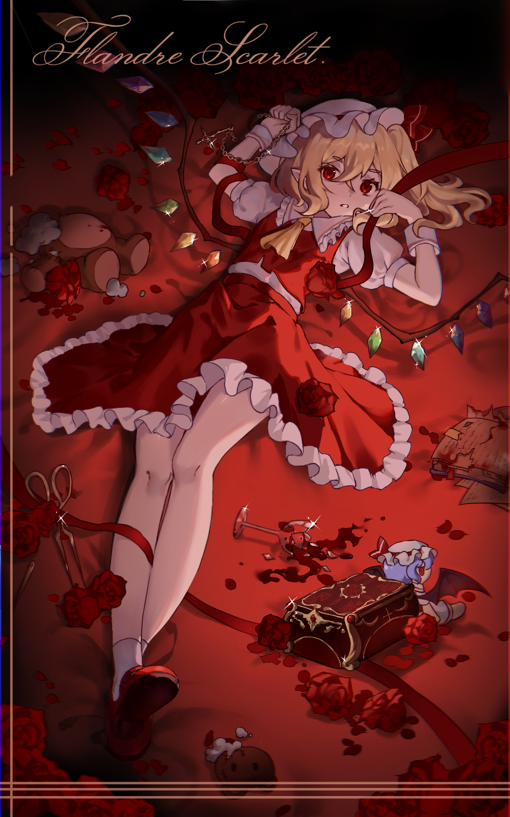 1girl ascot blonde_hair blood character_doll character_name chinese_commentary commentary_request cross cross_necklace cup drinking_glass flandre_scarlet flower frilled_shirt_collar frilled_skirt frills hat highres holding holding_jewelry holding_necklace holding_ribbon jewelry lying medium_hair mob_cap necklace on_back puffy_short_sleeves puffy_sleeves red_flower red_footwear red_ribbon red_rose red_skirt red_theme red_vest remilia_scarlet ribbon rose shirt short_sleeves side_ponytail skirt socks stuffed_animal stuffed_toy teddy_bear touhou vest white_headwear white_shirt white_socks white_wrist_cuffs wine_glass wings wrist_cuffs xinjinjumin249055877979 yellow_ascot