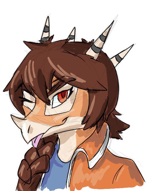 anthro aquilops blep braided_hair braided_ponytail brown_hair ceratopsian colored colored_sketch dinosaur facial_horn female hair head_spikes headshot_portrait horn looking_at_viewer maria_(snoot_game) napkinbot nose_horn one_eye_closed ornithischian ponytail portrait red_eyes reptile scalie simple_background sketch smile smiling_at_viewer snoot_game snout solo spikes spikes_(anatomy) tongue tongue_out white_background