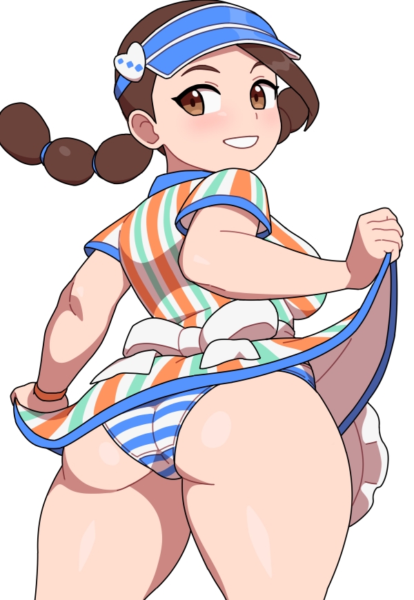 1girl :d apron ass back_bow blue_headwear blue_panties bow braid brown_eyes brown_hair candice_(palentine's_2024)_(pokemon) candice_(pokemon) clothes_lift cowboy_shot dress dress_lift from_behind kabeume lifted_by_self long_hair looking_at_viewer looking_back official_alternate_costume panties pokemon pokemon_masters_ex smile solo striped_clothes striped_panties thick_thighs thighs twin_braids two-tone_panties underwear visor_cap waist_apron white_apron white_background white_bow white_panties