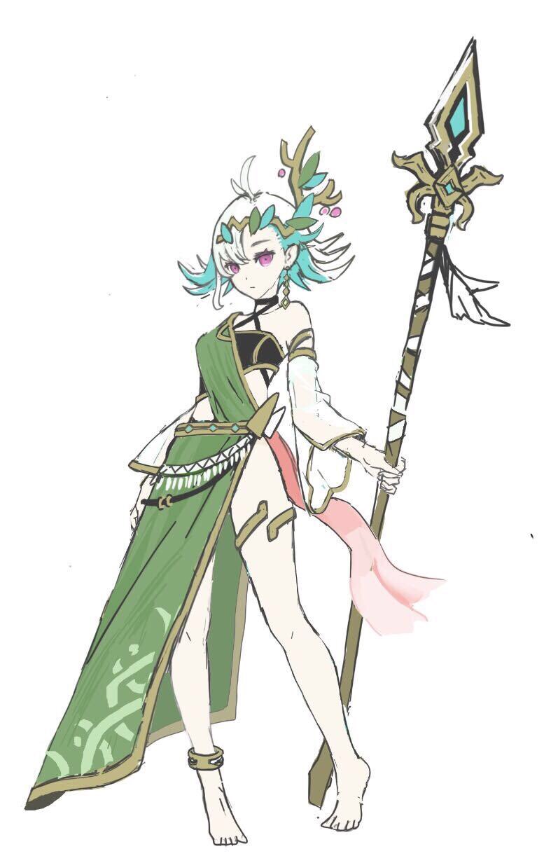 1girl anklet antenna_hair closed_mouth concept_art detached_sleeves expressionless full_body green_skirt hair_branch highres holding holding_clothes holding_skirt jewelry lily_everhart official_art palworld purple_eyes short_hair single_bare_shoulder skirt solo thighlet tiptoes white_hair
